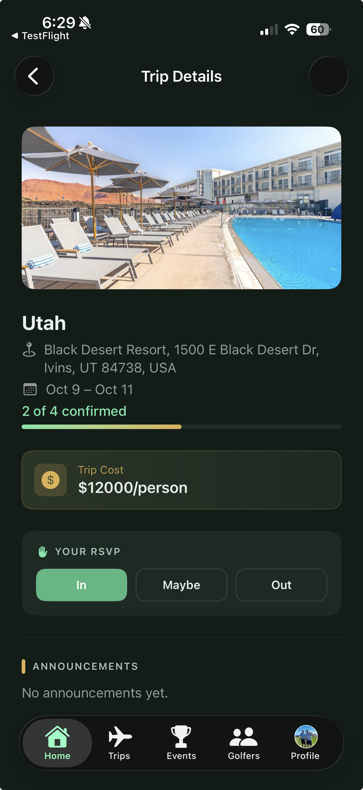 Linkside Golf Trip Dashboard showing multi-day itinerary and deposit payment tracking badges