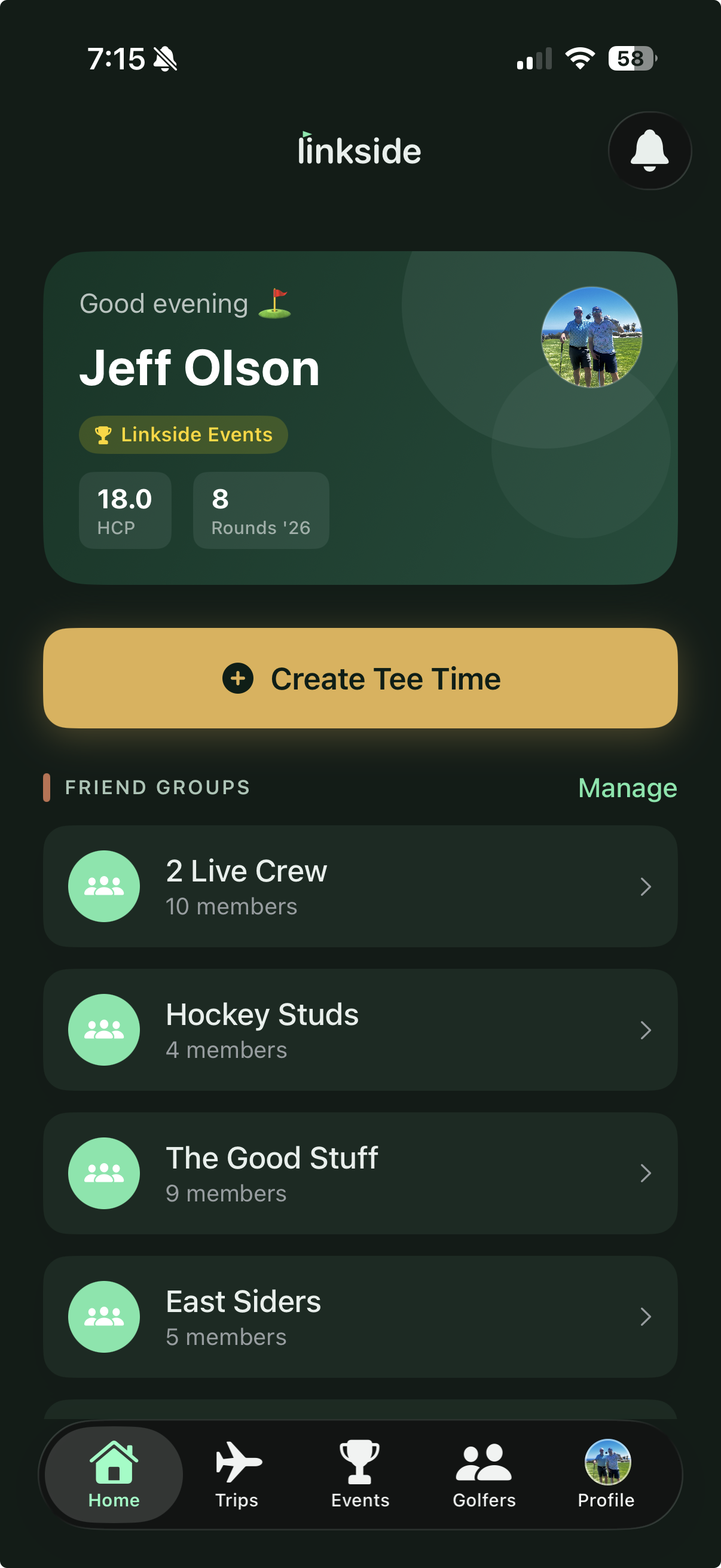 Linkside Home View showing upcoming tee time cards, course weather forecast, and group activity feed