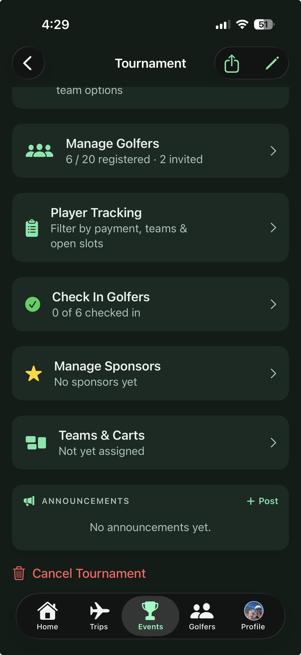 Linkside Tournament View showing event schedule, team entry, and Apple Pay registration