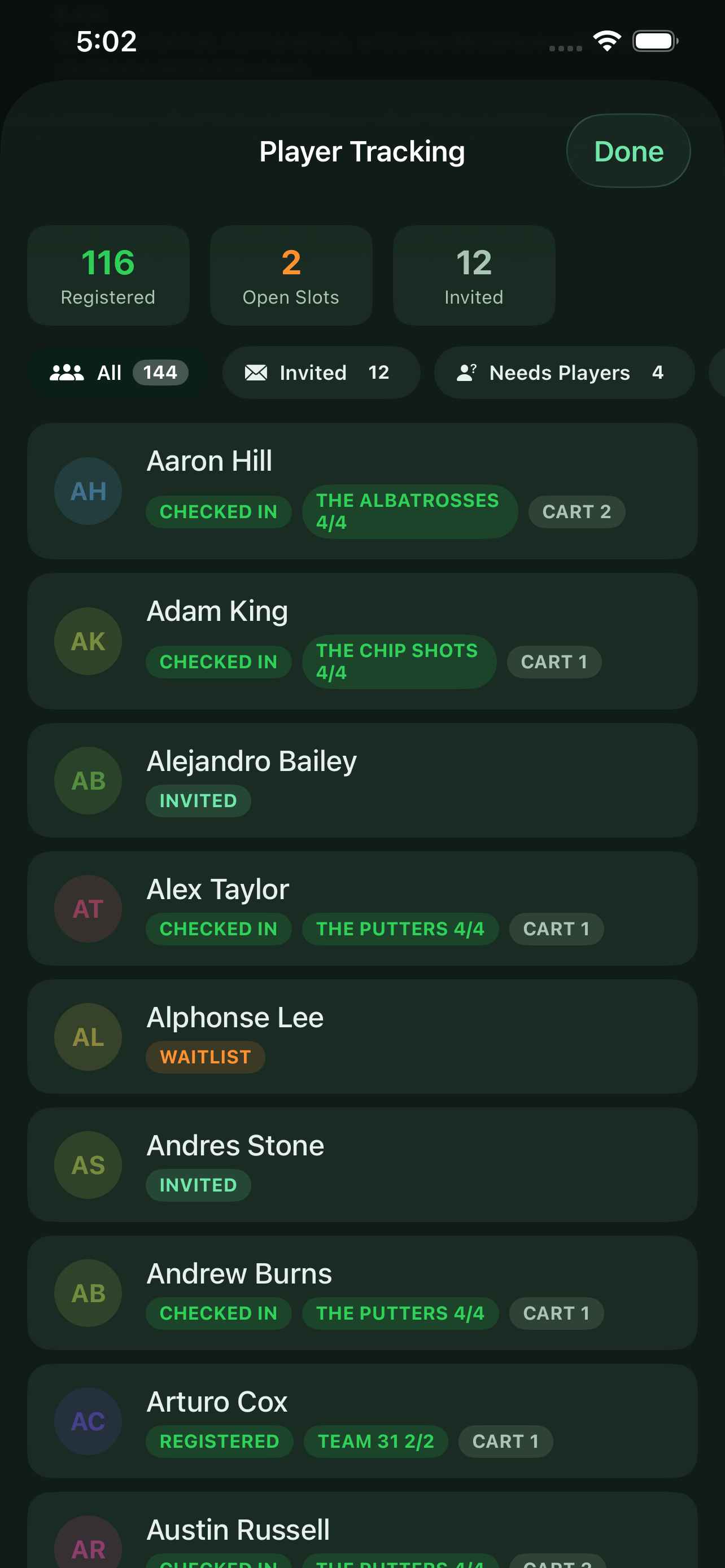 Tournament live player tracking and scoring